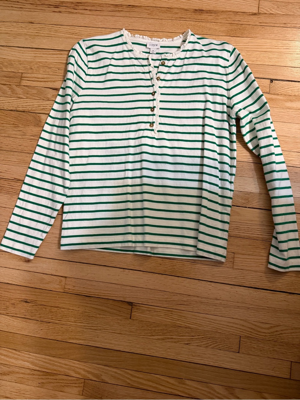 J. Crew White and Green Striped Long-Sleeve Henley Top